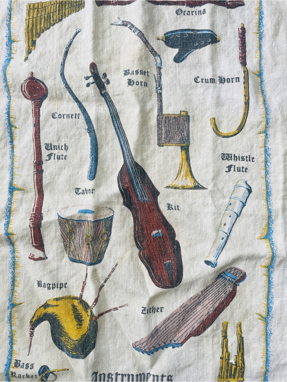 Instruments of Yesteryear Illustrated Tea Towel - Cream with Blue, Yellow, Red - Picture 4 of 5